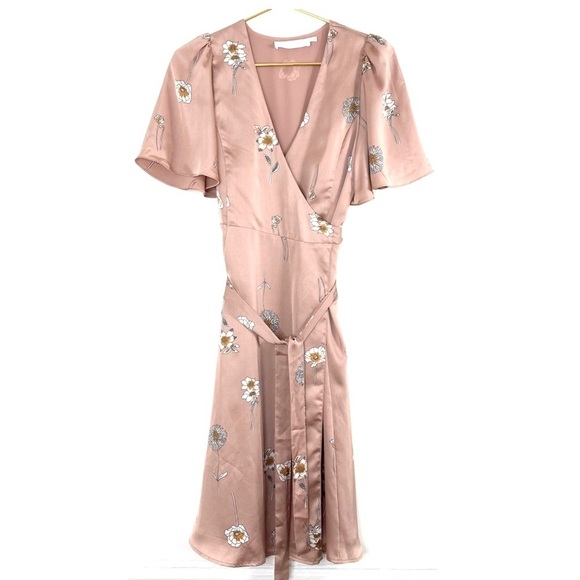 Astr the Label Fiona Floral Wrapped Bow tie Waist Midi Dress Dusty Pink Size S - Picture 2 of 8